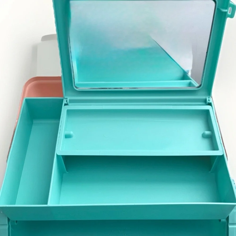 Vtg Caboodles 3 Tier Makeup Travel Case w/Vanity Mirror Peach & Mint Green USA